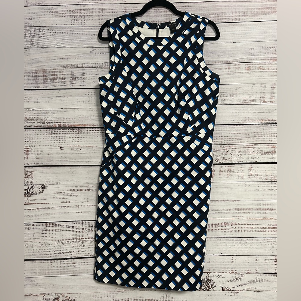 Ann Taylor Navy & White Geometric Shift Dress | Tailored Cotton Blend (10)